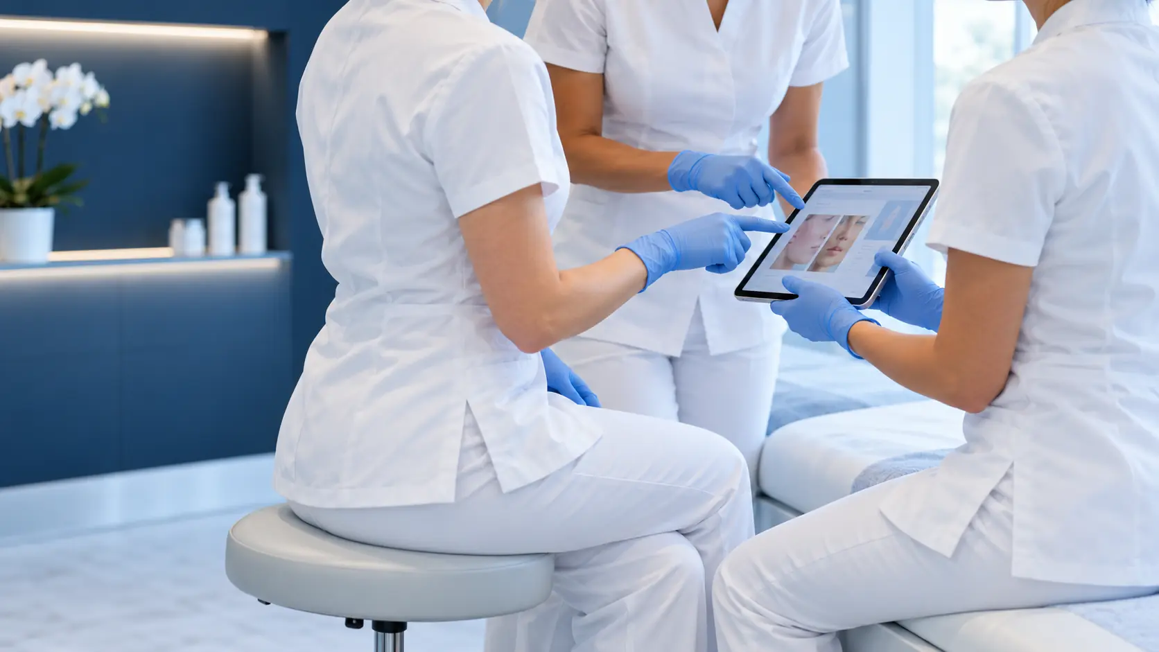 Three clinic practitioners reviewing a treatment plan together without showing their faces
