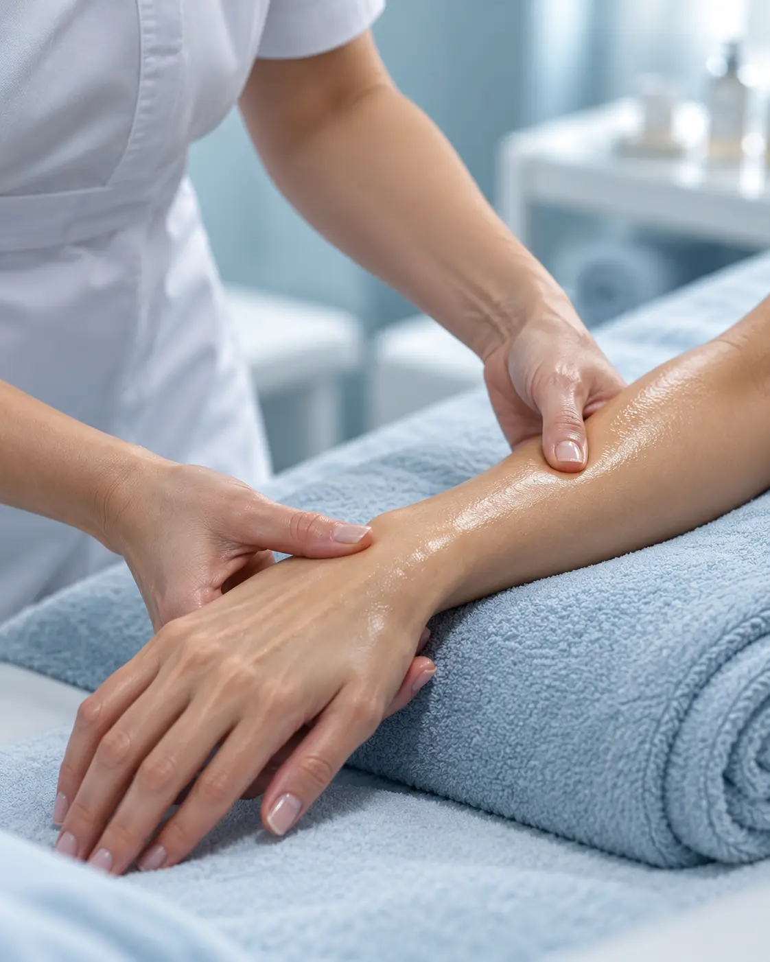 Professional hand and forearm massage in a calm clinical setting