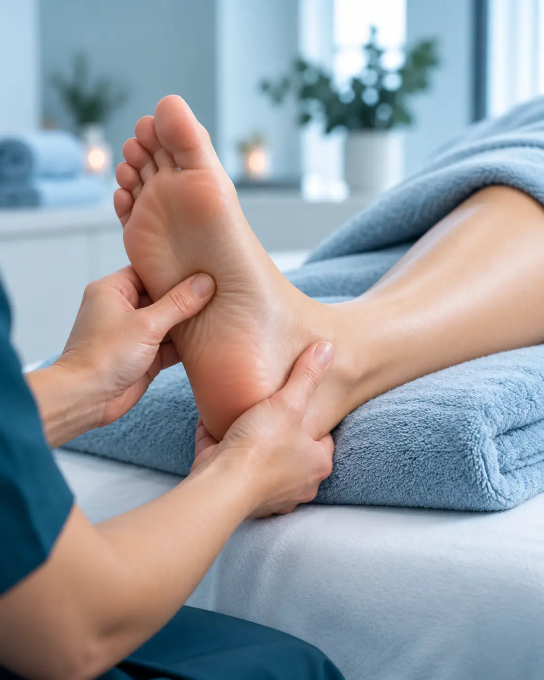 Natural professional foot reflexology treatment with the client positioned from the right